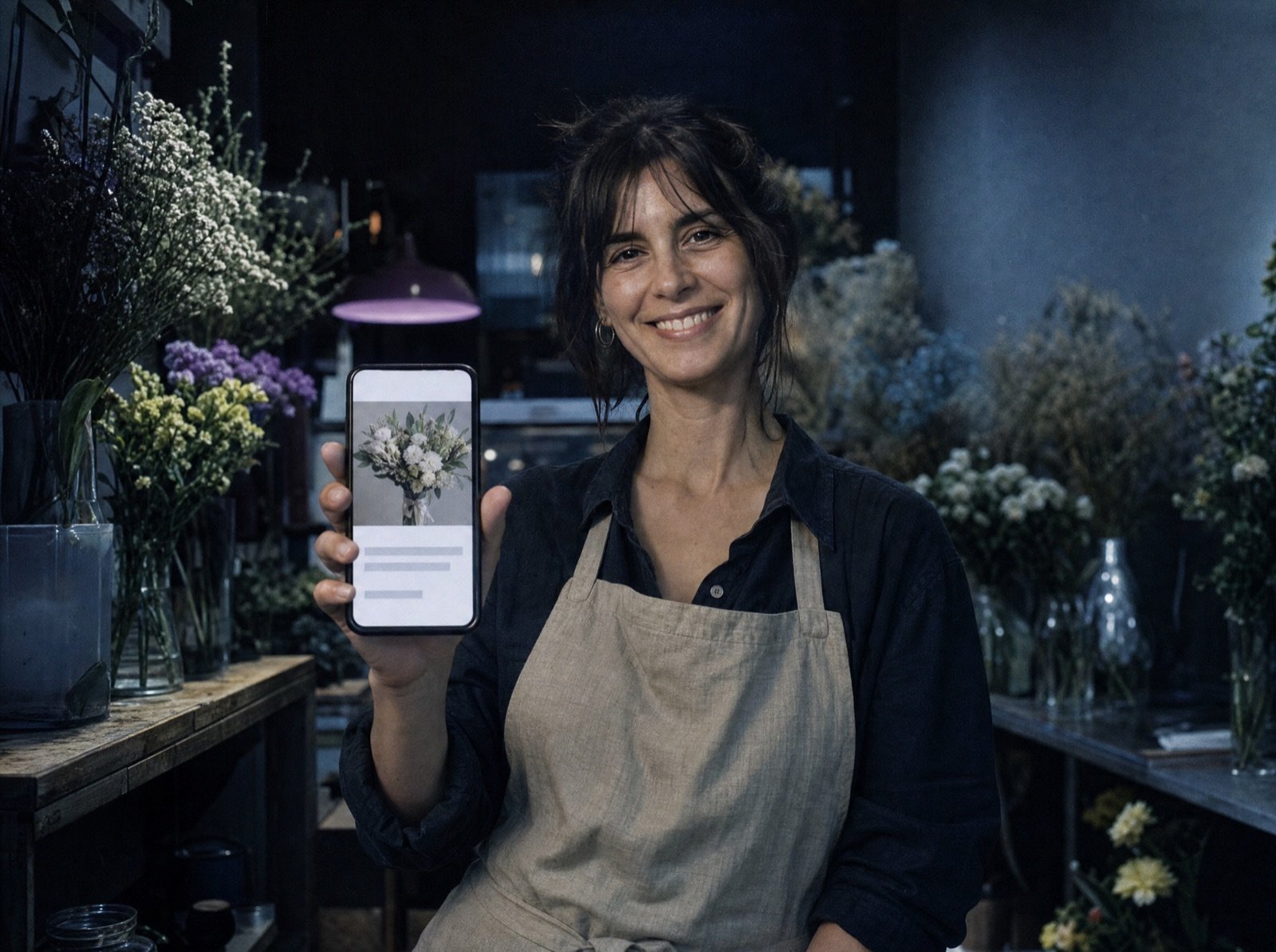 Una florista enseña en su móvil la web de su tienda.